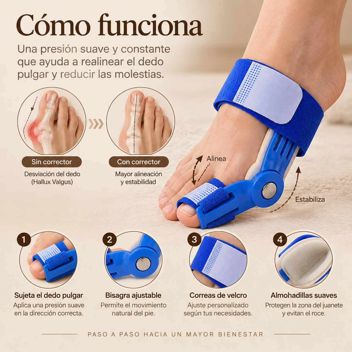 PiesFix™ - Corrector Ajustable para Juanetes + Ebook GRATUITO "Pies Sanos, Paso a Paso"